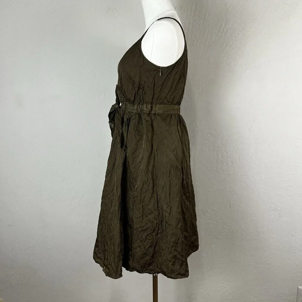 Eileen Fisher Dress Steel Satin‎ Faux Wrap Tie Front Surplice Olivine 4 Petite
